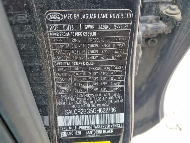 62005296 :رقم المزاد ، SALCR2BG5GH622736 vin ، 2016 Land Rover Discovery Sport مزاد بيع