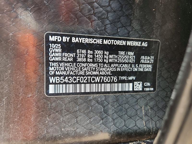59388276 :رقم المزاد ، WB543CF02TCW76076 vin ، 2026 Bmw Ix مزاد بيع
