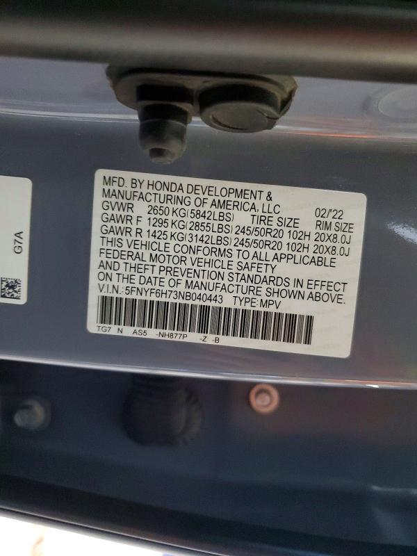 Продаж на аукціоні авто 2022 Honda Pilot, vin: 5FNYF6H73NB040443, номер лоту: 59287906