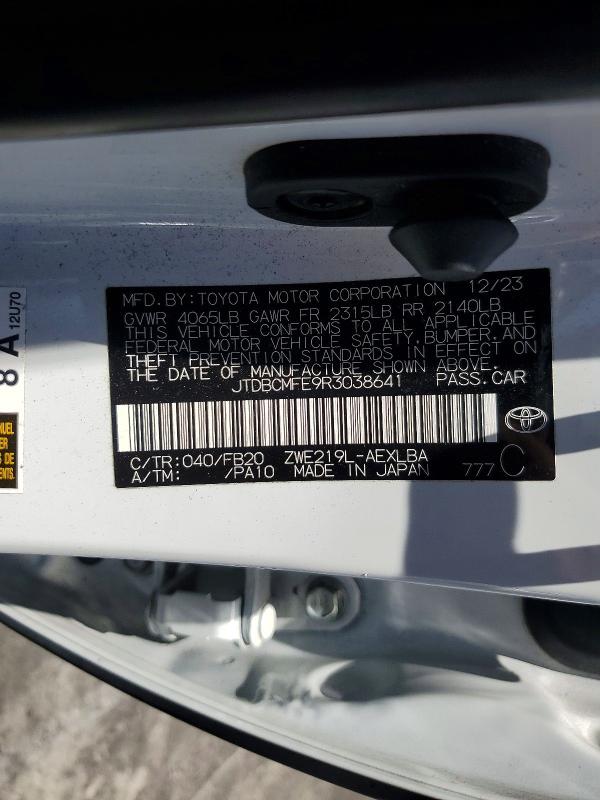 Продажа на аукционе авто 2024 Toyota Corolla Hybrid, vin: JTDBCMFE9R3038641, номер лота: 61177646