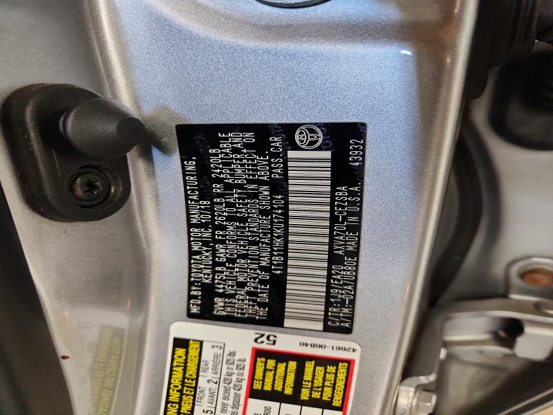 2019 Toyota Camry მანქანა იყიდება აუქციონზე, vin: 4T1B11HK1KU174104, აუქციონის ნომერი: 62312776