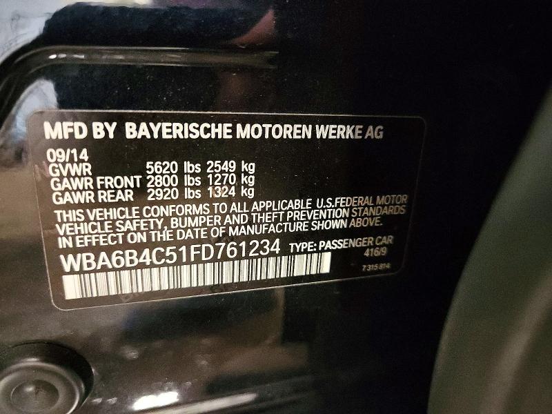 63121236 :رقم المزاد ، WBA6B4C51FD761234 vin ، 2015 Bmw 650 مزاد بيع