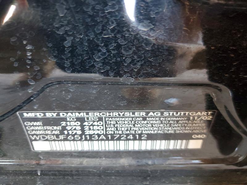 63351316 :رقم المزاد ، WDBUF65J13A172412 vin ، 2003 Mercedes-benz E مزاد بيع