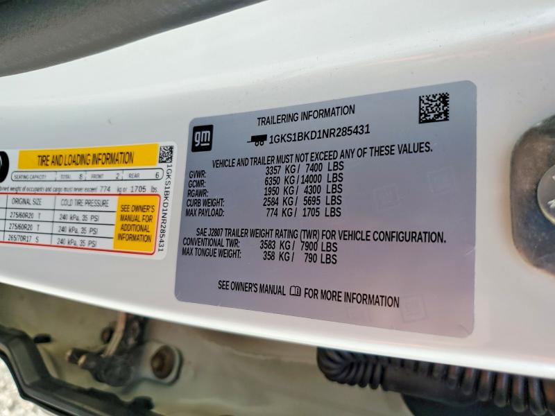Aukcja sprzedaży 2022 Gmc Yukon, vin: 1GKS1BKD1NR285431, numer aukcji: 73340995