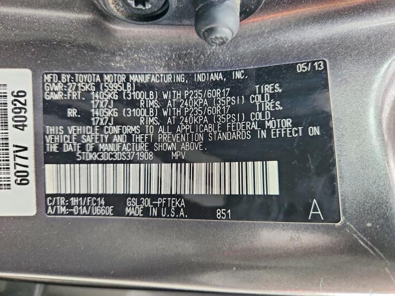 2013 Toyota Sienna მანქანა იყიდება აუქციონზე, vin: 5TDKK3DC3DS371908, აუქციონის ნომერი: 62880966
