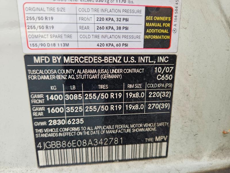 Aukcja sprzedaży 2008 Mercedes-benz Ml, vin: 4JGBB86E08A342781, numer aukcji: 60198956