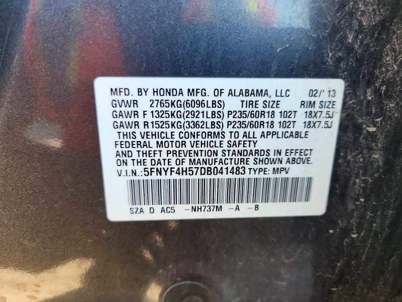 2013 Honda Pilot მანქანა იყიდება აუქციონზე, vin: 5FNYF4H57DB041483, აუქციონის ნომერი: 59274076