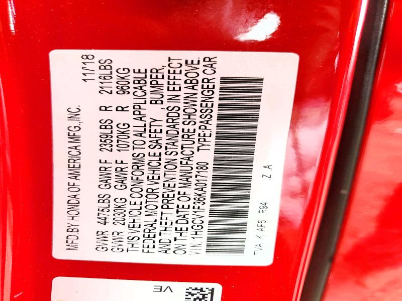 2019 Honda Accord მანქანა იყიდება აუქციონზე, vin: 1HGCV1F36KA017180, აუქციონის ნომერი: 59710916