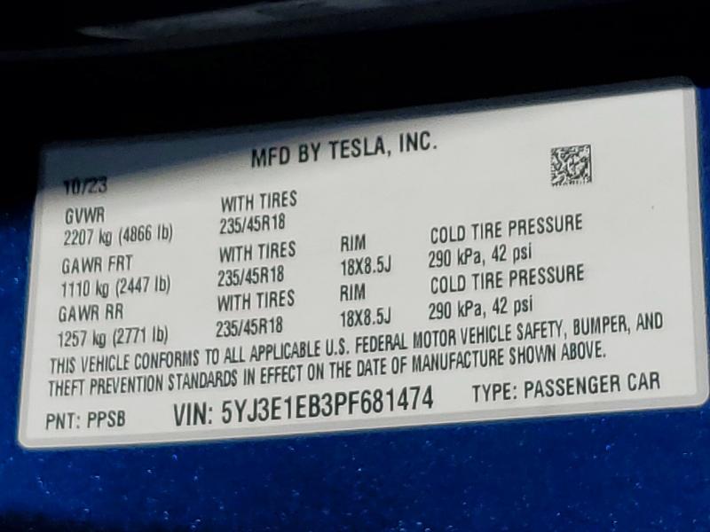Aukcja sprzedaży 2023 Tesla Model 3, vin: 5YJ3E1EB3PF681474, numer aukcji: 62539746