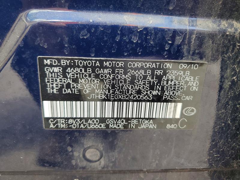 Aukcja sprzedaży 2011 Lexus Es, vin: JTHBK1EGXB2420563, numer aukcji: 61196586