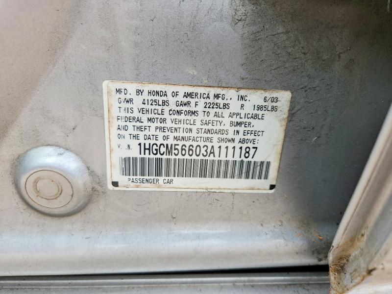 Aukcja sprzedaży 2003 Honda Accord, vin: 1HGCM56603A111187, numer aukcji: 62124556