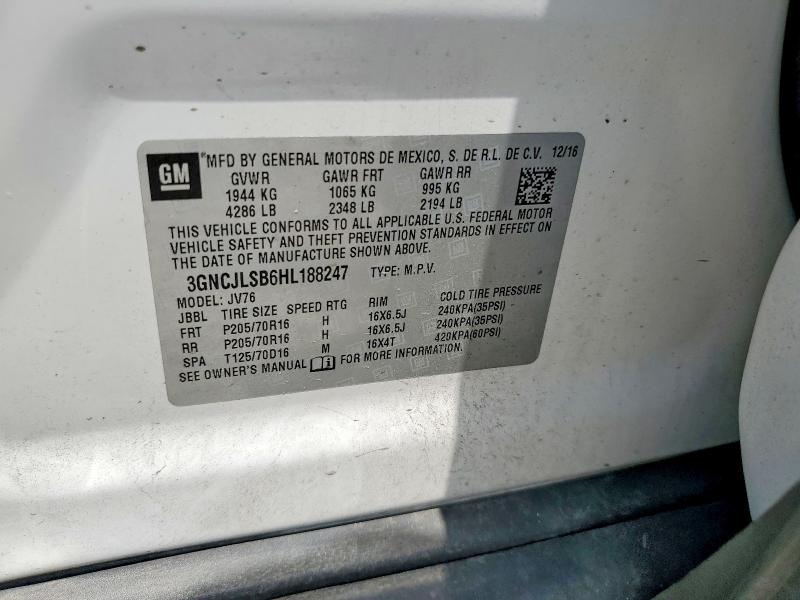 Aukcja sprzedaży 2017 Chevrolet Trax, vin: 3GNCJLSB6HL188247, numer aukcji: 59227356