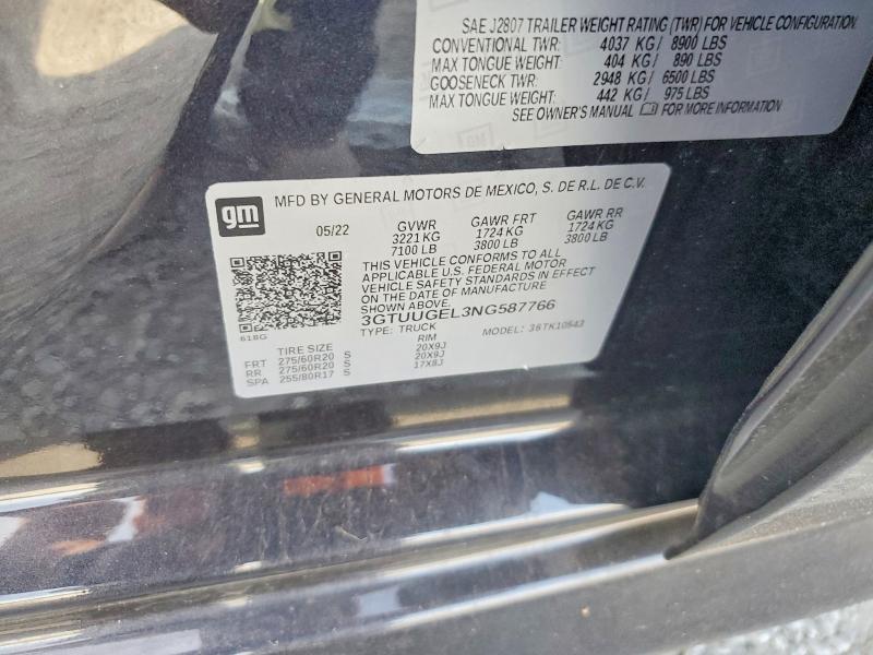 Auction sale of the 2022 Gmc Sierra, vin: 3GTUUGEL3NG587766, lot number: 61608096