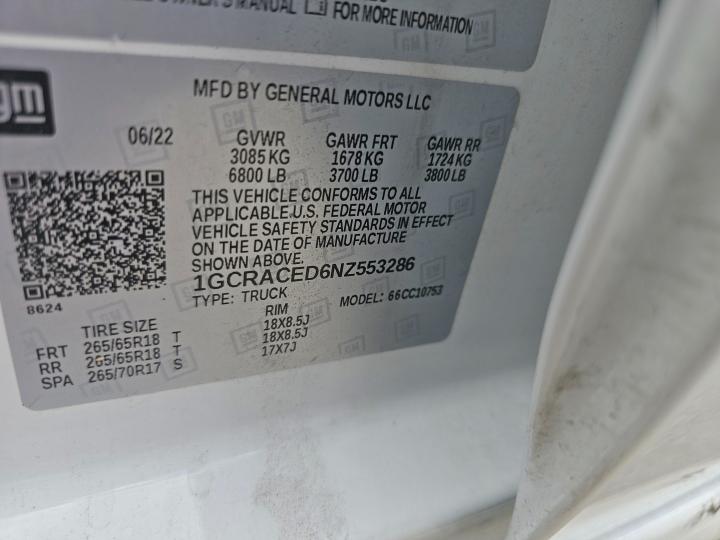 Aukcja sprzedaży 2022 Chevrolet Silverado, vin: 1GCRACED6NZ553286, numer aukcji: 61368266