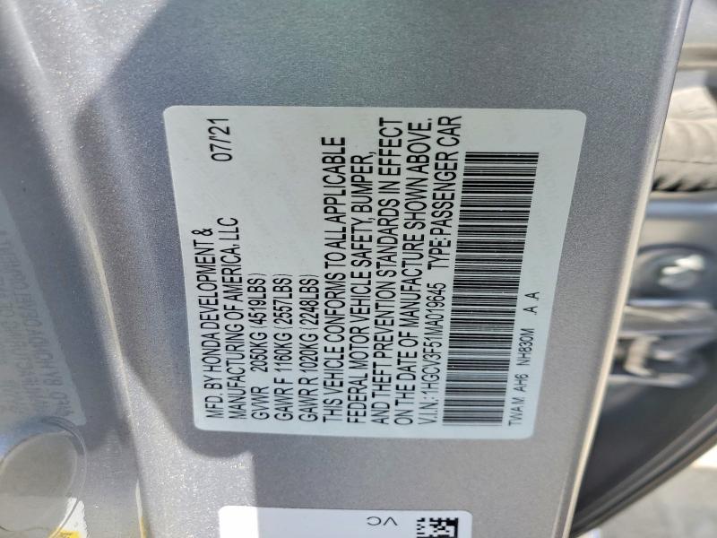 59705626 :رقم المزاد ، 1HGCV3F51MA019645 vin ، 2021 Honda Accord مزاد بيع