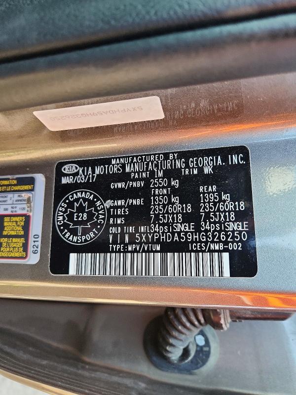61415556 :رقم المزاد ، 5XYPHDA59HG326250 vin ، 2017 Kia Sorento مزاد بيع