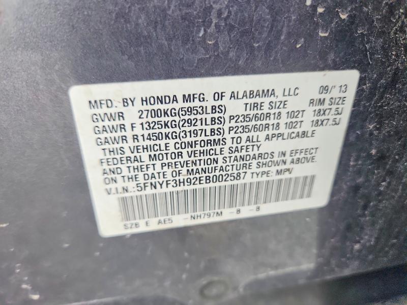 Продаж на аукціоні авто 2014 Honda Pilot, vin: 5FNYF3H92EB002587, номер лоту: 62015046