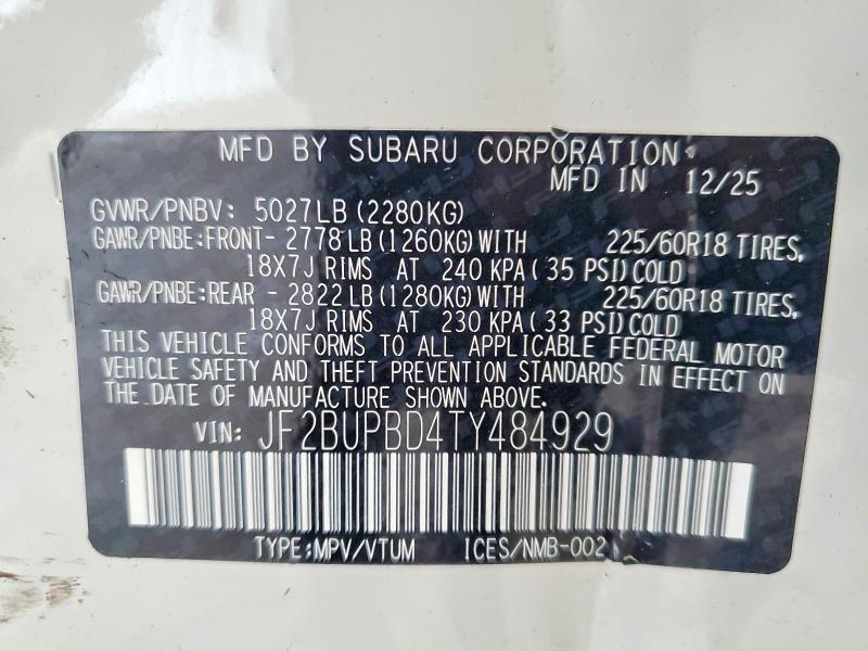 62088256 :رقم المزاد ، JF2BUPBD4TY484929 vin ، 2026 Subaru Outback مزاد بيع