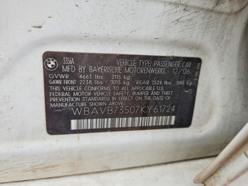 2007 Bmw 335 მანქანა იყიდება აუქციონზე, vin: WBAVB73507KY61724, აუქციონის ნომერი: 60340526