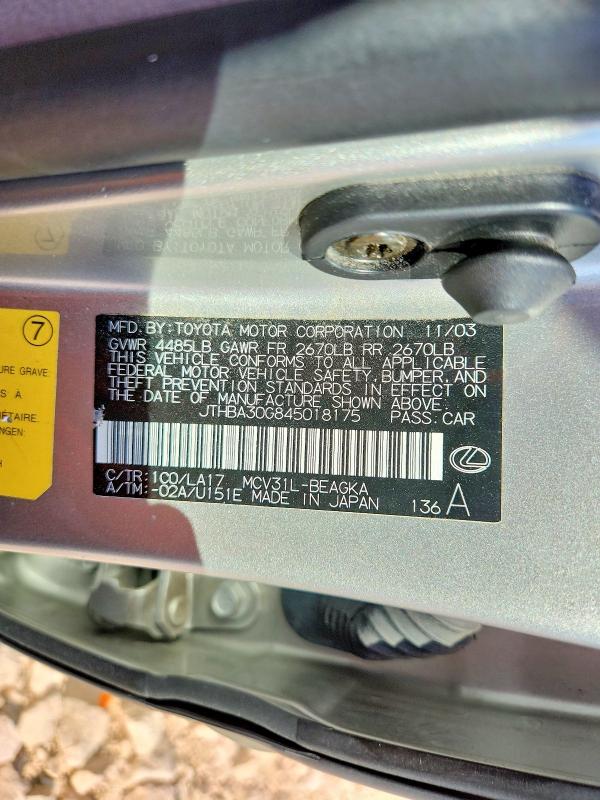 2004 Lexus Es მანქანა იყიდება აუქციონზე, vin: JTHBA30G845018175, აუქციონის ნომერი: 60543406