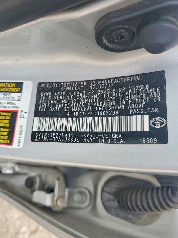 63013406 :رقم المزاد ، 4T1BK1FK4CU007298 vin ، 2012 Toyota Camry مزاد بيع