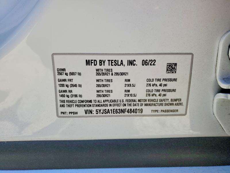 Продажа на аукционе авто 2022 Tesla Model S, vin: 5YJSA1E63NF484019, номер лота: 61536776
