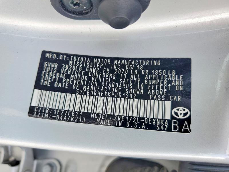 2019 Toyota Corolla მანქანა იყიდება აუქციონზე, vin: 5YFBURHEXKP861292, აუქციონის ნომერი: 59688346