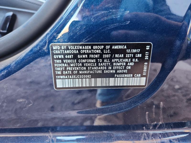 2018 Volkswagen Passat 4d 2.0t Highl მანქანა იყიდება აუქციონზე, vin: 1VWBA7A3XJC020082, აუქციონის ნომერი: 62465026