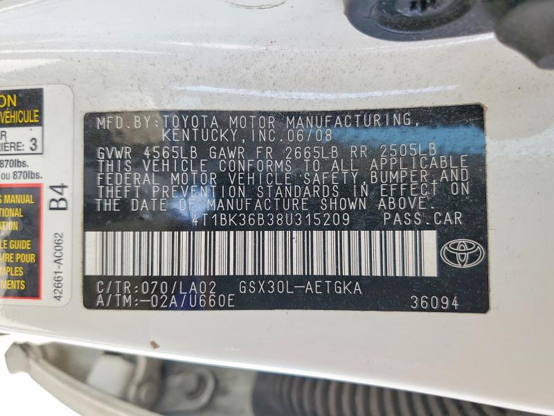 62694736 :رقم المزاد ، 4T1BK36B38U315209 vin ، 2008 Toyota Avalon مزاد بيع