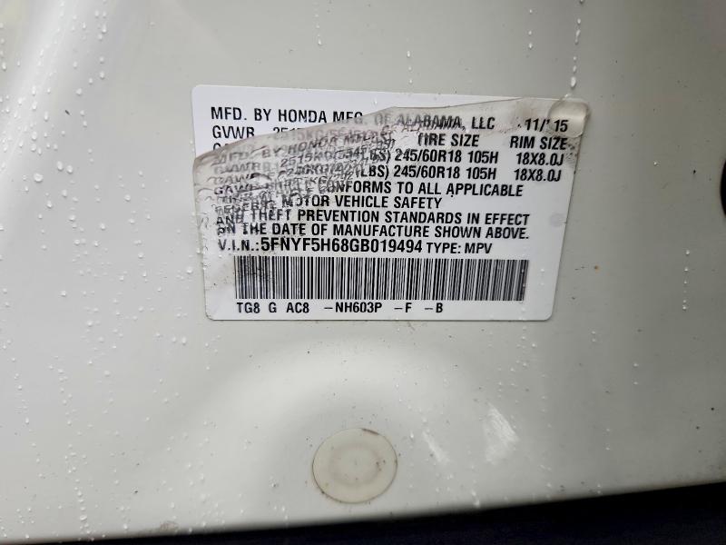 Продажа на аукционе авто 2016 Honda Pilot, vin: 5FNYF5H68GB019494, номер лота: 62693736
