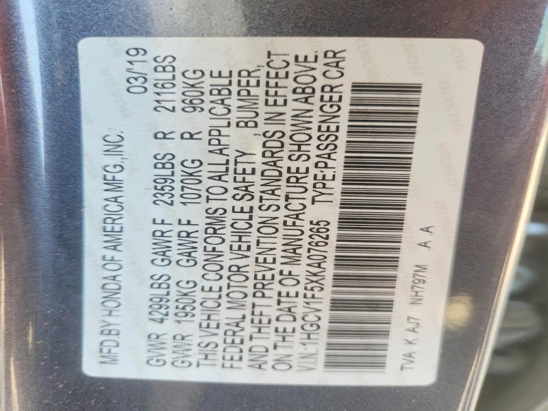 Продаж на аукціоні авто 2019 Honda Accord, vin: 1HGCV1F5XKA076265, номер лоту: 61680026