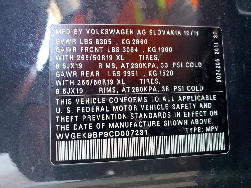 2012 Volkswagen Touareg მანქანა იყიდება აუქციონზე, vin: WVGEK9BP9CD007231, აუქციონის ნომერი: 60892776