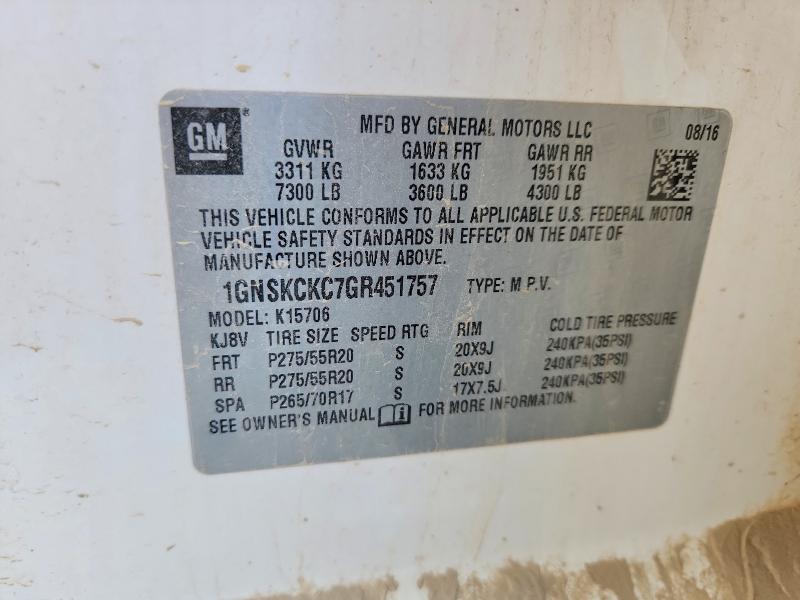 60084306 :رقم المزاد ، 1GNSKCKC7GR451757 vin ، 2016 Chevrolet Tahoe مزاد بيع
