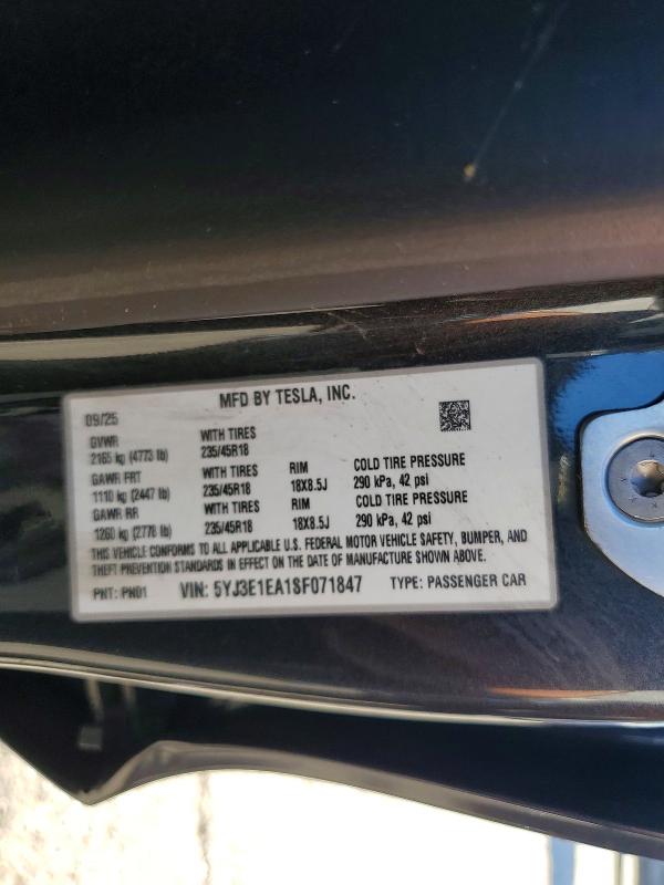 2025 Tesla Model 3 მანქანა იყიდება აუქციონზე, vin: 5YJ3E1EA1SF071847, აუქციონის ნომერი: 59021736