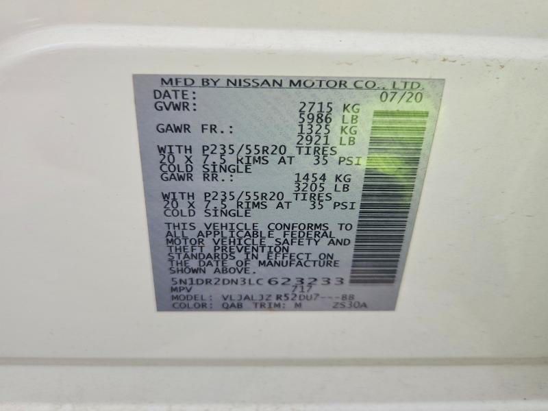 2020 Nissan Pathfinder მანქანა იყიდება აუქციონზე, vin: 5N1DR2DN3LC623233, აუქციონის ნომერი: 61008046
