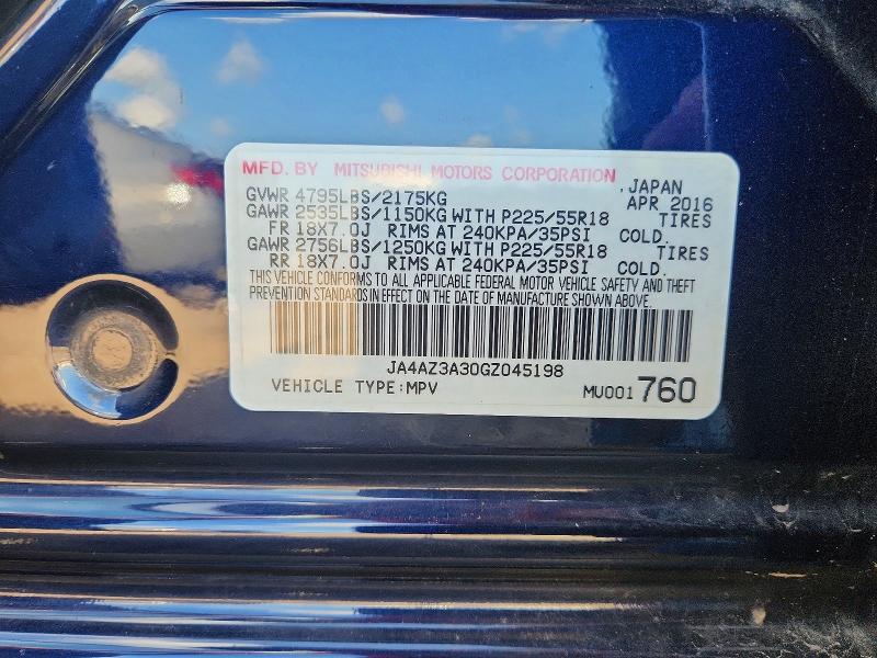 61560796 :رقم المزاد ، JA4AZ3A30GZ045198 vin ، 2016 Mitsubishi Outlander مزاد بيع