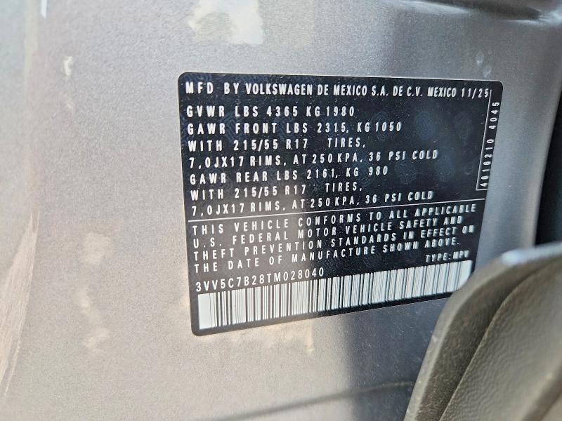 2026 Volkswagen Taos მანქანა იყიდება აუქციონზე, vin: 3VV5C7B28TM028040, აუქციონის ნომერი: 59383276