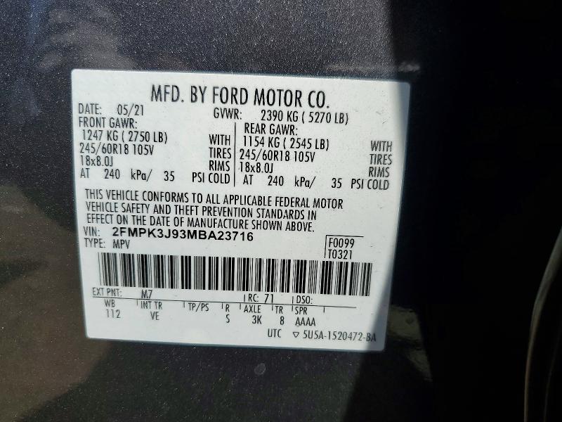 Auction sale of the 2021 Ford Edge, vin: 2FMPK3J93MBA23716, lot number: 59405256