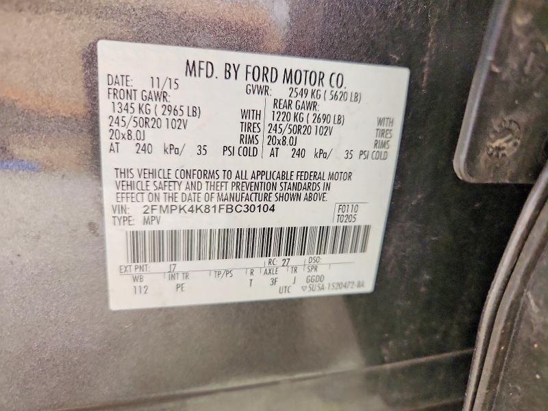 58772936 :رقم المزاد ، 2FMPK4K81FBC30104 vin ، 2015 Ford Edge مزاد بيع