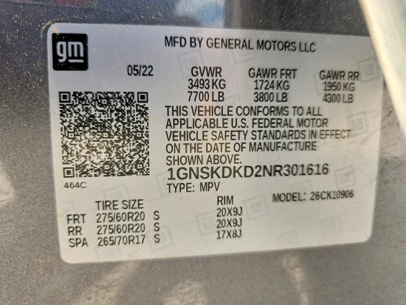 Продажа на аукционе авто 2022 Chevrolet Suburban, vin: 1GNSKDKD2NR301616, номер лота: 60213546