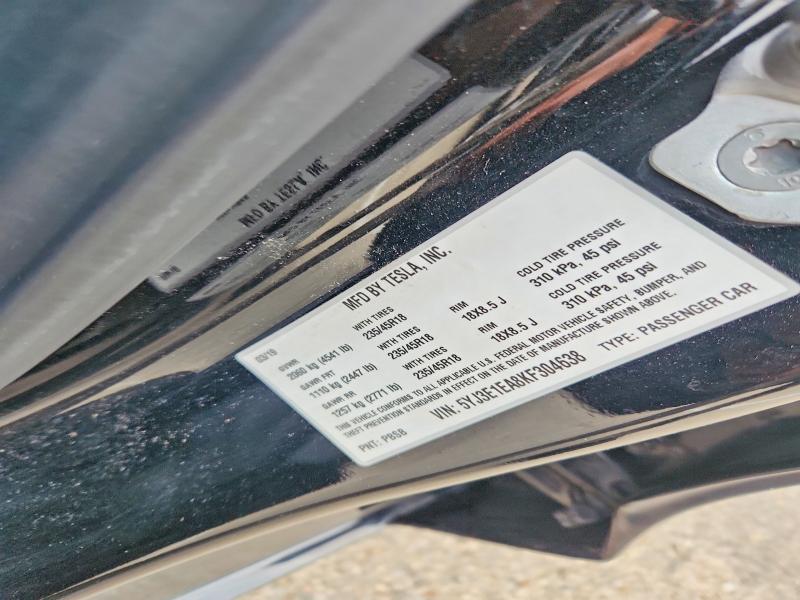 2019 Tesla Model 3 მანქანა იყიდება აუქციონზე, vin: 5YJ3E1EA8KF304638, აუქციონის ნომერი: 61390326