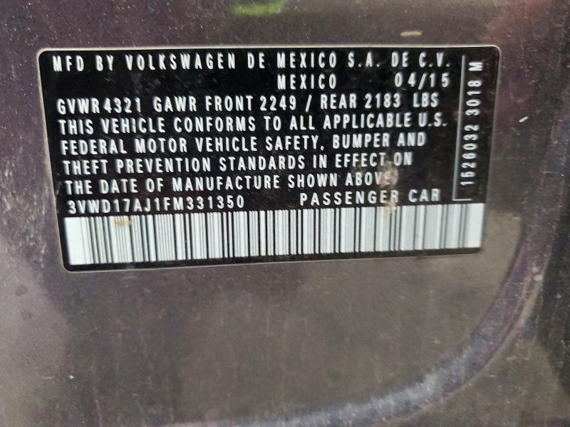 62034636 :رقم المزاد ، 3VWD17AJ1FM331350 vin ، 2015 Volkswagen Jetta مزاد بيع