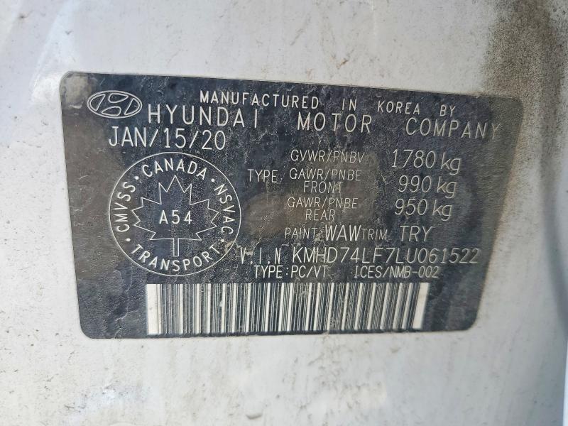 Aukcja sprzedaży 2020 Hyundai Elantra, vin: KMHD74LF7LU061522, numer aukcji: 60117306