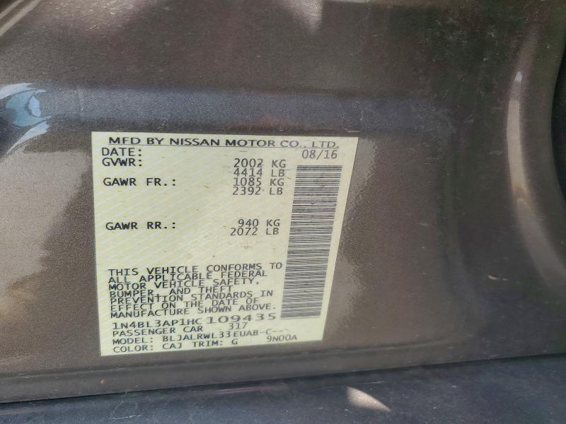 Auction sale of the 2017 Nissan Altima, vin: 1N4BL3AP1HC109435, lot number: 60818706