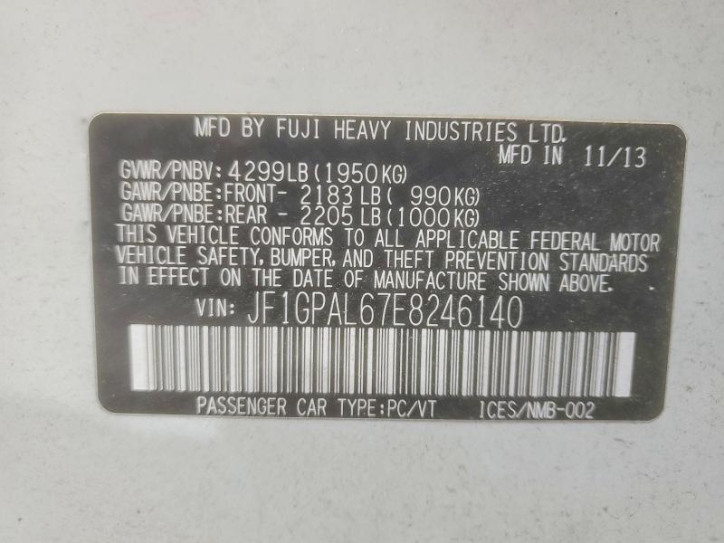 62722616 :رقم المزاد ، JF1GPAL67E8246140 vin ، 2014 Subaru Impreza مزاد بيع