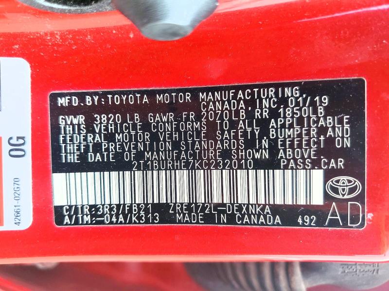 63129436 :رقم المزاد ، 2T1BURHE7KC232010 vin ، 2019 Toyota Corolla مزاد بيع
