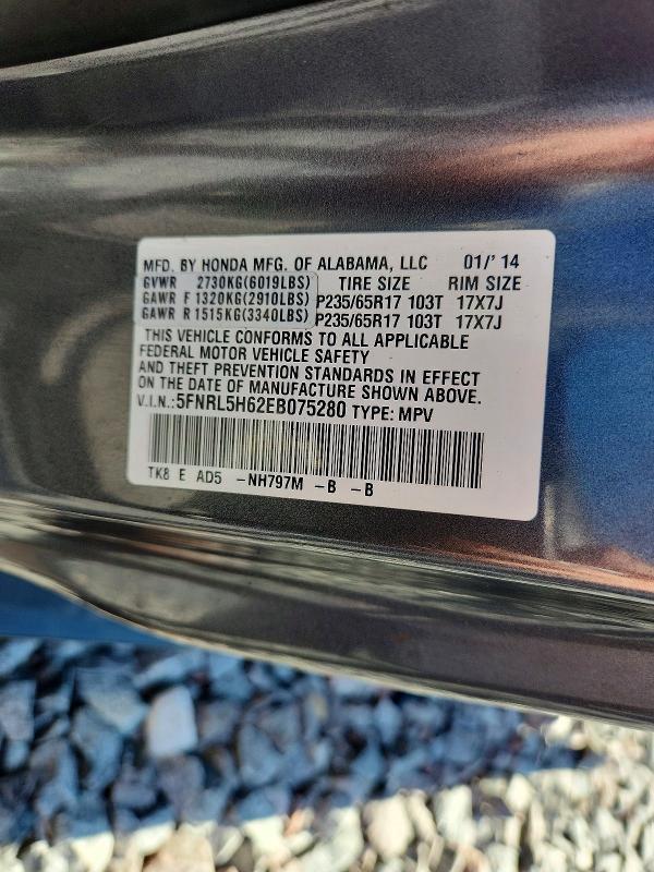 59853186 :رقم المزاد ، 5FNRL5H62EB075280 vin ، 2014 Honda Odyssey مزاد بيع