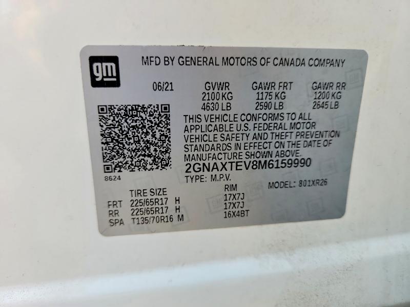 59694906 :رقم المزاد ، 2GNAXTEV8M6159990 vin ، 2021 Chevrolet Equinox مزاد بيع