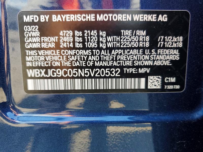 62450486 :رقم المزاد ، WBXJG9C05N5V20532 vin ، 2022 Bmw X1 مزاد بيع