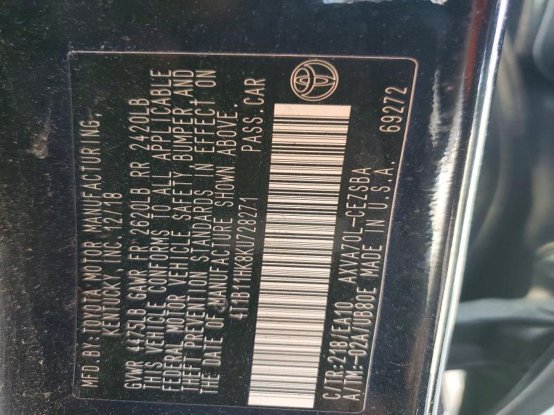 61486556 :رقم المزاد ، 4T1B11HK8KU728271 vin ، 2019 Toyota Camry مزاد بيع